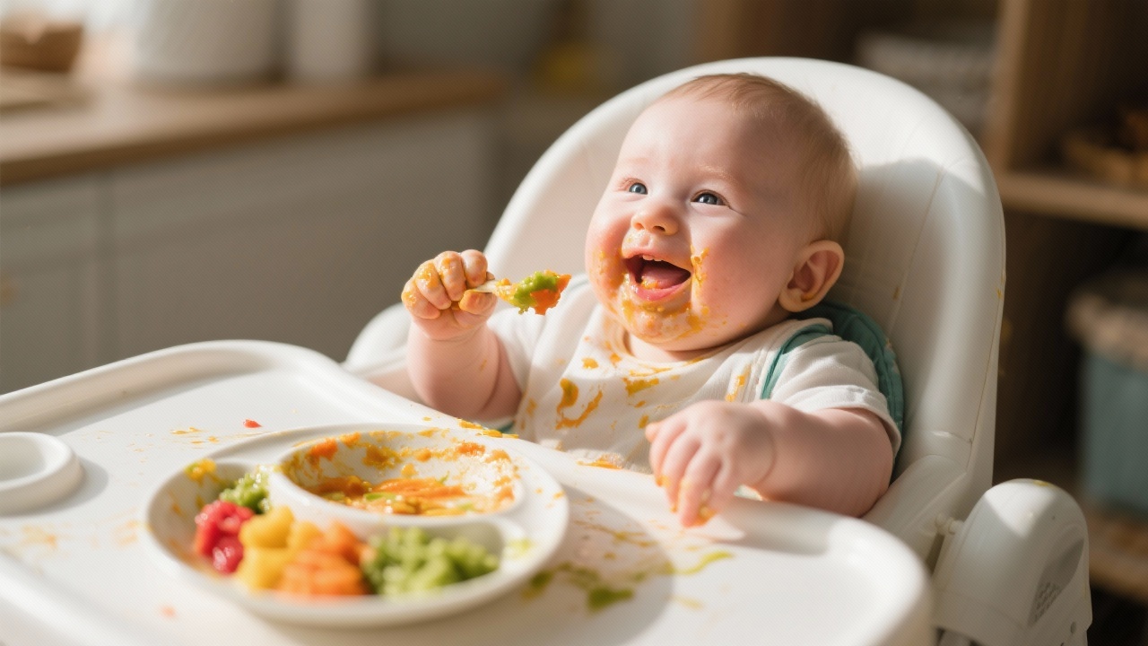 Happy baby enjoying nutritious organic food
